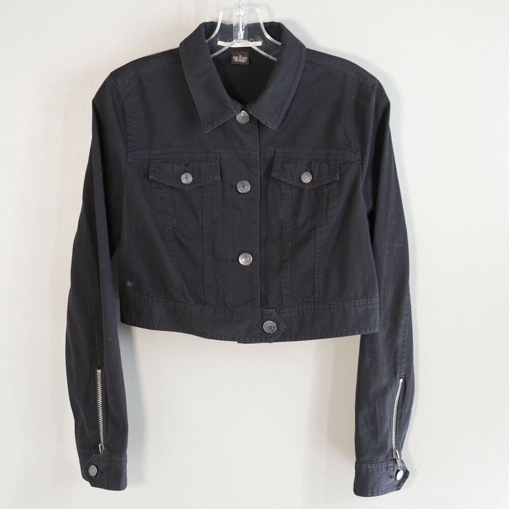 For the Republic Jacket Women 6 Black Stretch Denim Zipper Front Cuffs Moto